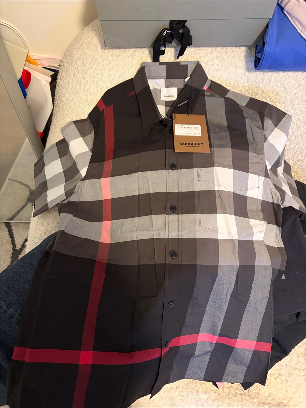 Burberry Charcoal and Black Check Short Sleeve Shirt with Red Trim
